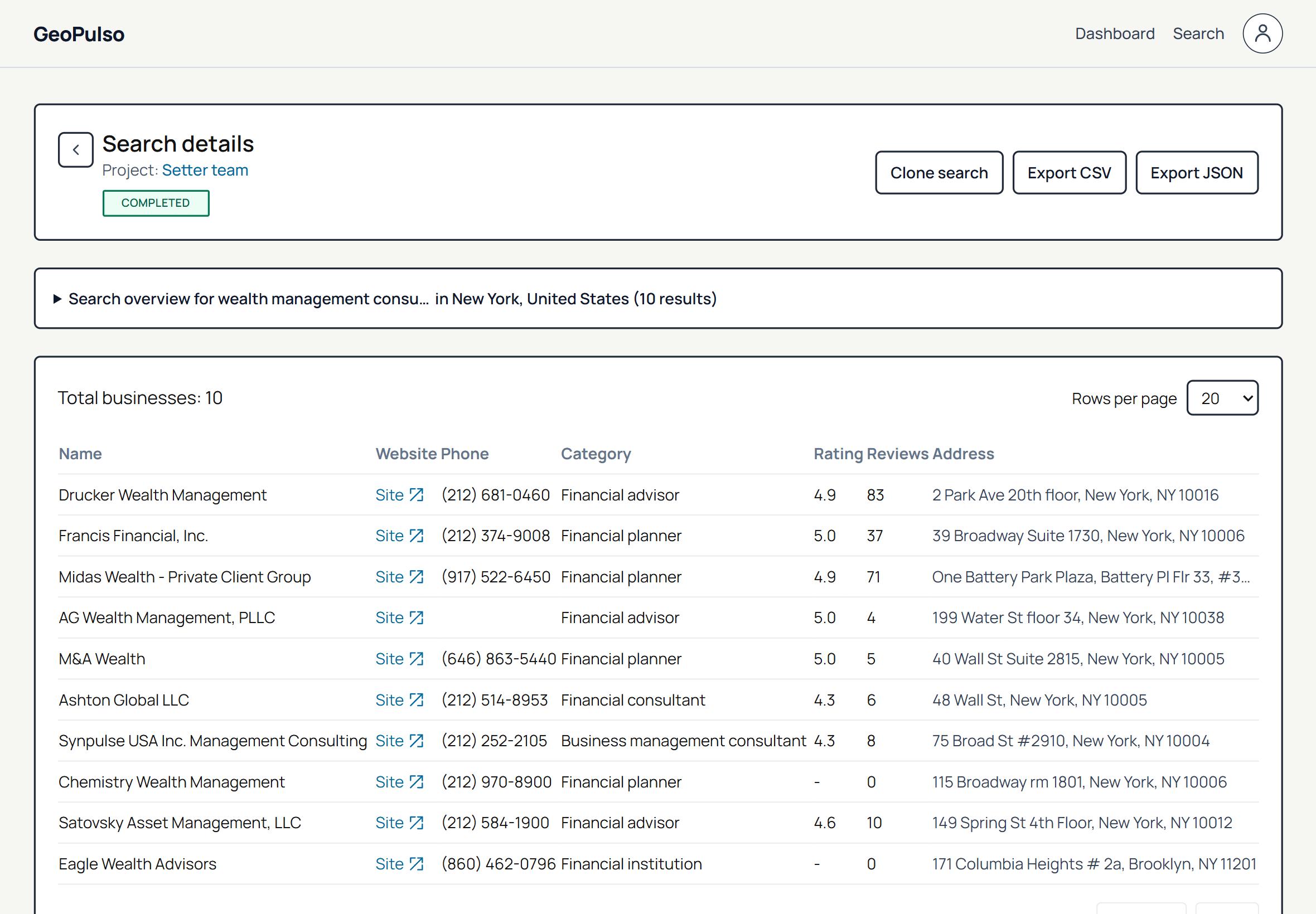 Lead results table with filters and export options for CSV and JSON.